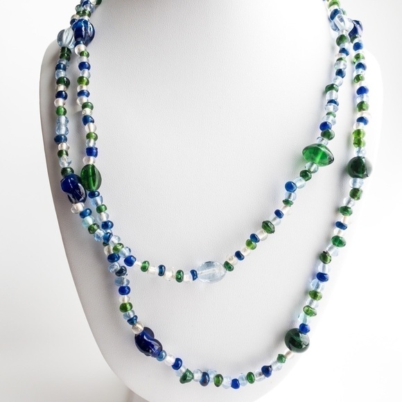 Vintage Coro Necklace Beaded Glass Long Flapper Necklace Blue Green Clear - Picture 7 of 10